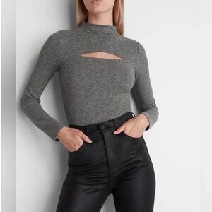 EXPRESS Body Contour Cozy Mock Neck Cutout Bodysuit Grey